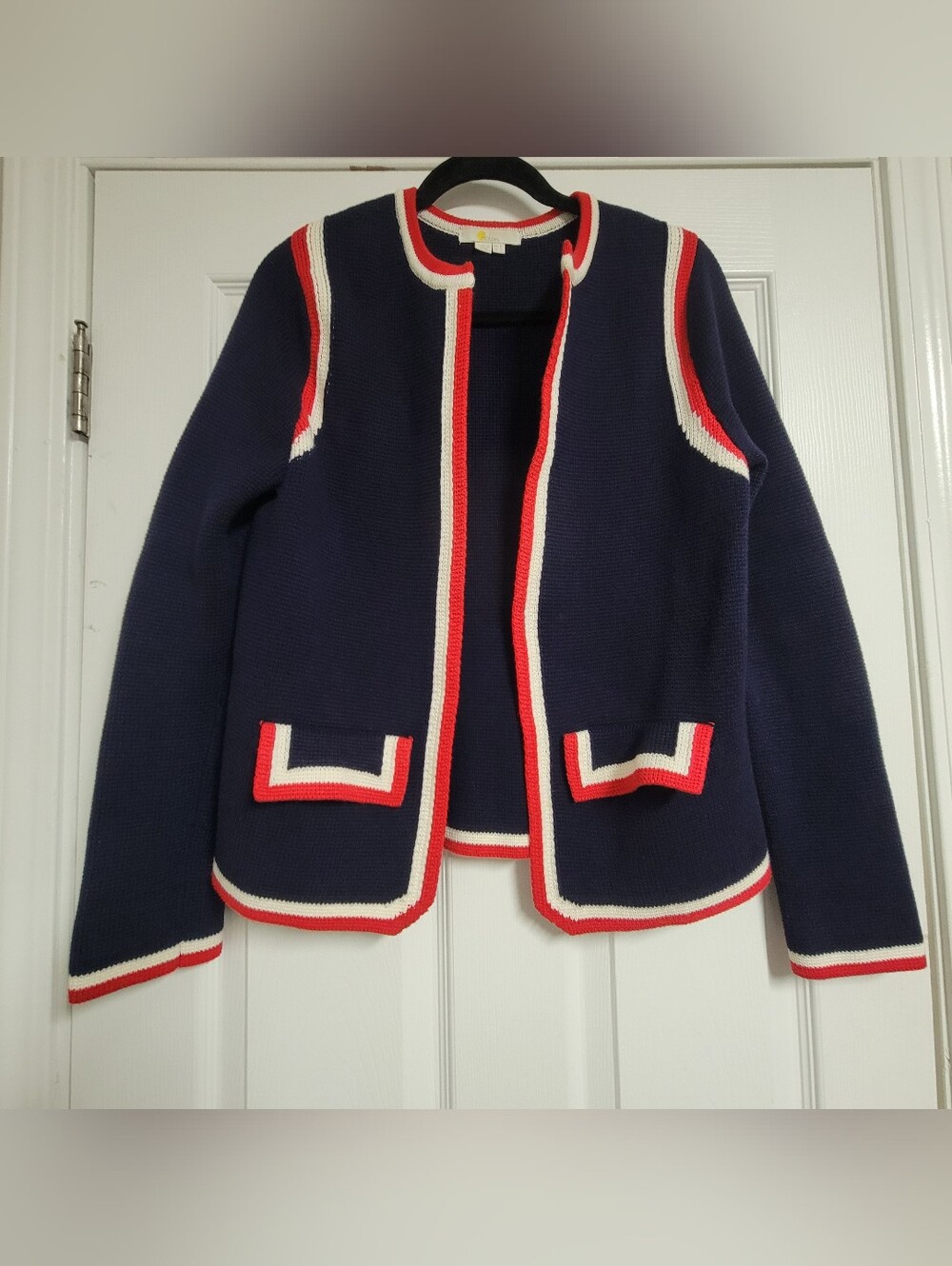 Boden Holly Knitted Navy Cropped Cardigan with Red & White Trim Size 8. - Picture 3 of 9
